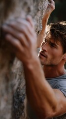 Climber tackling a challenging rock face at sunset in a scenic outdoor location