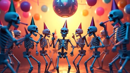 Dancing Skeleton Party Celebration with Colorful Costumes, Balloons, and Confetti - Fun Halloween and Day of the Dead Festival Scene