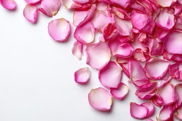 Obraz premium Pink rose petals scattered on a white background, forming a diagonal composition leaving empty space