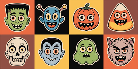 Cartoon halloween characters collection in a retro style