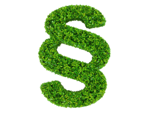 A vibrant, green symbol made of leaves, resembling a section sign, representing nature and growth.