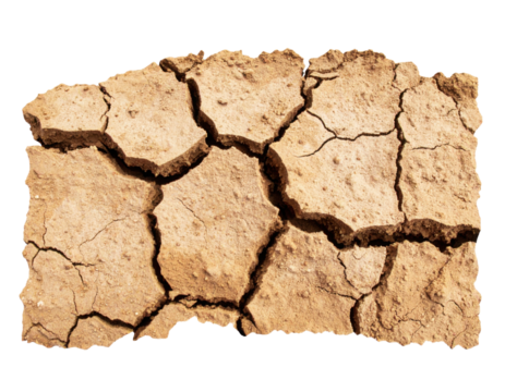 A cracked, dry soil surface, showcasing intricate patterns of fissures and texture, symbolizing aridity and drought.