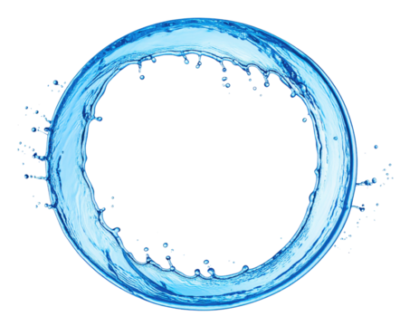 A circular splash of water droplets forming a ring shape, showcasing fluid dynamics and motion.