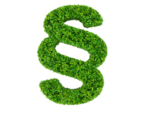 A vibrant, green symbol made of leaves, resembling a section sign, representing nature and growth.