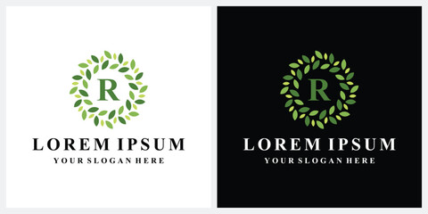 Initial letter R green leaves nature, symbol vector icon of beauty salon and wedding