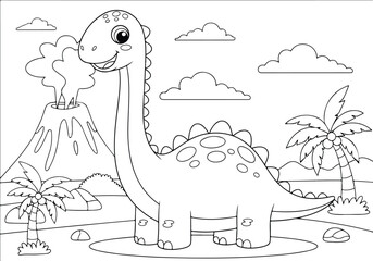 Cute cartoon dinosaur near a volcano, prehistoric landscape with palm trees, black and white line art for coloring printable illustration coloring page for kids