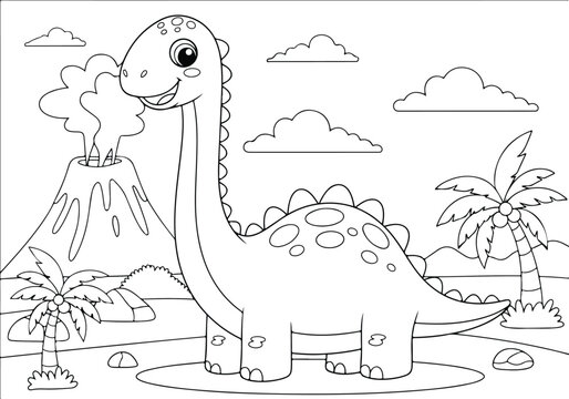 Cute cartoon dinosaur near a volcano, prehistoric landscape with palm trees, black and white line art for coloring printable illustration coloring page for kids