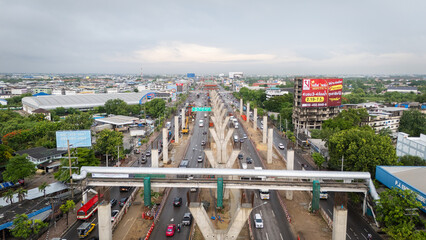 Aerial view city transport traffic road rainny day junction cross road