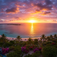 Vibrant Tropical Sunset Over Ocean and Island Beach