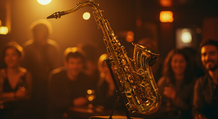 Obraz premium Golden saxophone illuminated on stage with a lively audience in background atmosphere evoking a