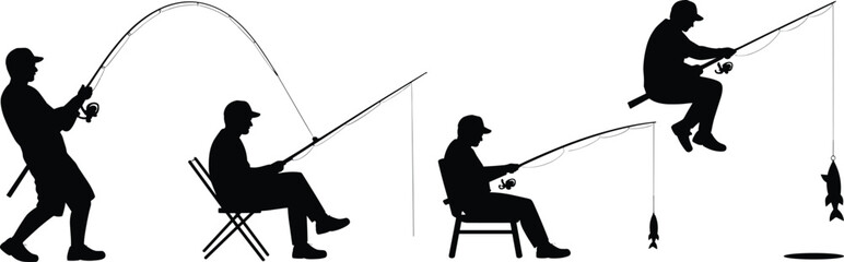 Fisherman silhouette vector, man fishing silhouette, sitting angler silhouette, catching fish illustration, fishing rod pose, outdoor hobby silhouette design