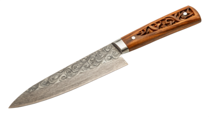 Close up of a sharp chef knife with ornate blade and carved wooden handle isolated on transparent background
