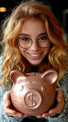 Young red-haired woman in glasses holding piggy bank, symbolizing savings, finance and positive attitude.