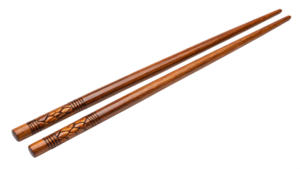 Pair of wooden chopsticks with decorative pattern isolated on transparent background for eating asian food