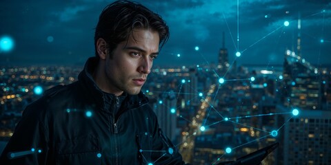 Man looking at digital network overlay cityscape at night