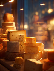 Large chunks of cheese sit on display at a supermarket or farmers market