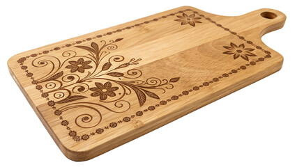 Wooden cutting board with floral engraving, a rustic kitchen tool for food preparation isolated on transparent background