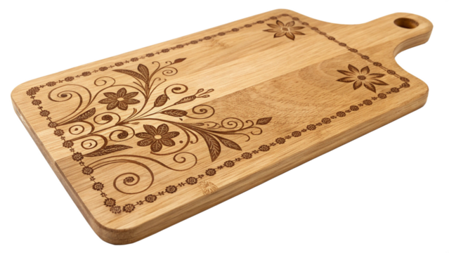 Wooden cutting board with floral engraving, a rustic kitchen tool for food preparation isolated on transparent background