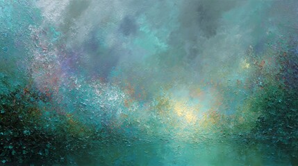 Fototapeta premium A textured, abstract painting of a green celestial atmosphere; luminous patterns dance across the canvas, evoking a sense of ethereal