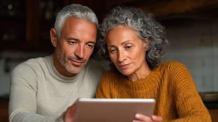 Elderly Couple Engaged with Tablet: A close-up shot features an elderly couple engrossed in a digital tablet, their focused expressions conveying engagement and connection