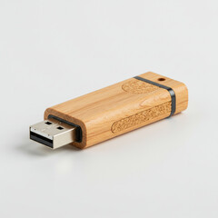 Wooden USB Flash Drive with Cork Texture on White Background