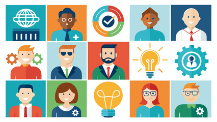 Diverse team of professionals with icons representing global business and innovation