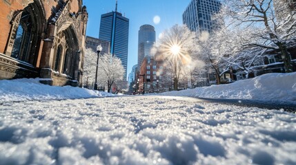 350. eye-level view, taken in the middle of a Boston avenue, featuring a stunning snow-covered winter cityscape in the background. The streets are covered in fresh white snow, reflecting