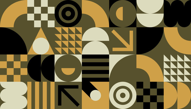 Geometric abstract pattern featuring circles, triangles, squares, and arrows in black, white, gold, and olive green. Balanced composition with bold contrasts creates a modern, eye-catching design.