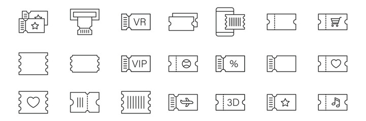 Ticket line icon set. Movie, flight, sports, music and more. Editable stroke. Vector illustration.