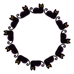 Round frame with cute black cat. Hand drawn illustration. Suitable for Halloween invitations, party cards, holiday decor