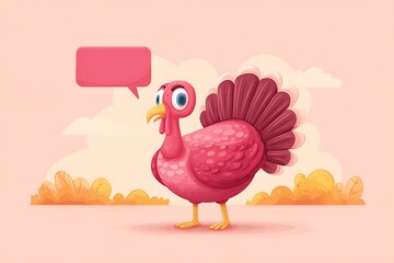 Cute Cartoon Pink Turkey with Big Eyes in Autumn Landscape