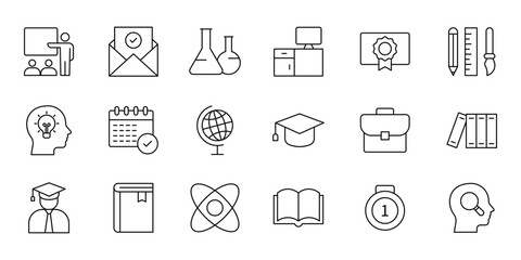 Education icon set. Education and Learning line icon set. High quality vector icons for learning, teaching, and education related concepts. Editable stroke. Vector illustration.