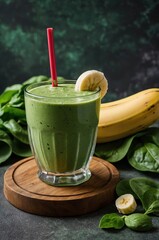 Bebida energética natural llena de vitaminas y antioxidantes, preparada con plátano maduro y espinacas frescas para un impulso de vitalidad para la mañana.