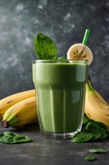 Bebida nutritiva para el bienestar y la pérdida de peso, licuado verde casero con ingredientes orgánicos, ideal como merienda saludable o bebida post-entrenamiento.