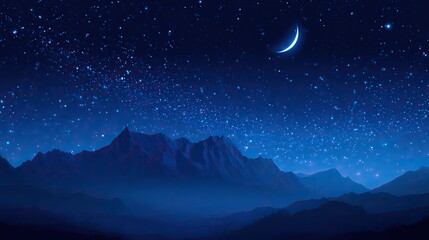 Obraz premium Starry night sky with mountains in the background, a bright crescent moon, and countless stars, evoking tranquility and mystery through a deep blue color scheme that adds depth.