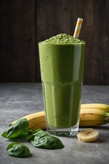 Licuado vegano y refrescante hecho con frutas y verduras frescas, como plátano y espinacas, ideal para un estilo de vida saludable y alimentación consciente.
