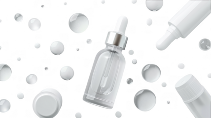 Serum and drops floating on transparent background