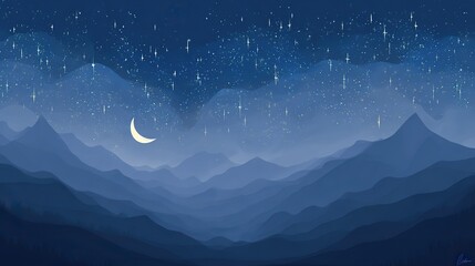 Starry night sky with mountains in the background, a bright crescent moon, and countless stars, evoking tranquility and mystery through a deep blue color scheme that adds depth.