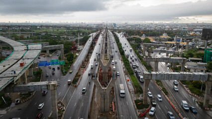 Aerial view city transport traffic road rainny day junction cross road