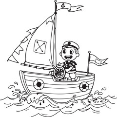 Fototapeta premium Child sailor steering a cartoon boat with flags, illustrated in a fun and imaginative black and white style,