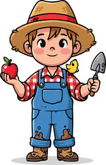 Fototapeta premium A cartoon farmer holding an apple and a small shovel tool