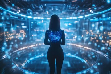 Futuristic woman standing in immersive digital control center with glowing blue holographic interface and cybernetic ambiance