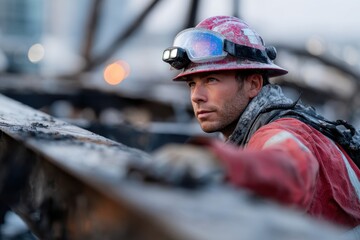Fototapeta premium A determined firefighter climbs through charred rubble, deeply focused on the task at hand, illustrating the resilience of those who combat fire and chaos.