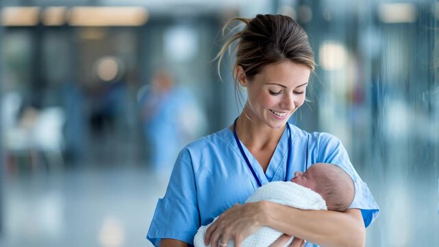 Nurse holding newborn baby kid in hospital ward. Population decline crisis concept. Increase birth rate, fertility rate, and population decrease control parent and old people ratio
