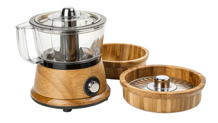 Modern wooden food processor with two wooden bowls isolated on transparent background, perfect for chopping, blending and mixing ingredients
