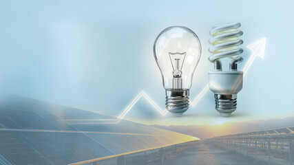 progress in green energy, solar field with upward graph line, innovation in lighting systems