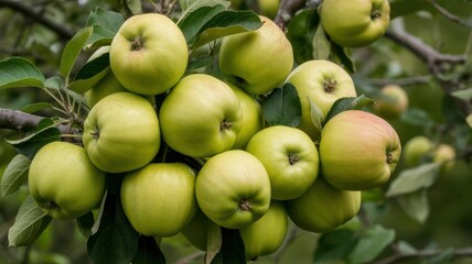 Cluster of pale green apples growing on a tree branch