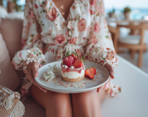 Woman holding a plate with a strawberry cheesecake on the terrace