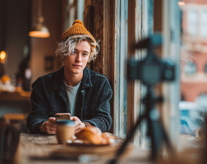 Portrait of a young man in a hat sitting in a cafe.
