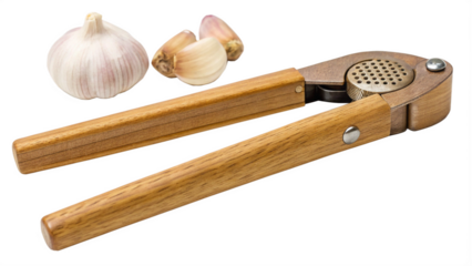 Garlic press with garlic isolated on transparent background, a kitchen tool for crushing garlic cloves to add flavor and aroma to dishes